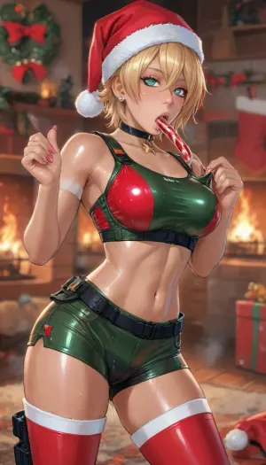(reiq art style, masterpiece art style:1.1), (beautiful muscular mito ikumi from shokugeki no souma:1.6), green eyes, blonde hair, short hair. tan-skinned, (gyaru skin:1.4), 1girl, solo, alone, muscular arms, sexy figure, and wide hips. muscular legs, thick thighs, round ass, (muscular body), (lustful face), (Christmas), (fireplace), (workout posed:1.4), (dripping droll sucking a Christmas candy cane in open mouth:1.3), (Christmas combat gear hat:1.6), (wet tight combat Christmas gear gym bra:1.5), (wet tight small combat Christmas gear stockings:1.5), (tight Christmas combat gear shorts:1.6), (body Sweaty:1.6), (cum dripping coming excessive out:1.4), hardcore, perfect fingers, A masterpiece of the highest quality, the work of a real master, bouncing breasts, bouncing ass, seductive, seductive eyes, black choker, steam, sweat, full body view, <lora:cartoon_stickers_xl_v1:.1>, <lora:hentai_anime_style_xl_v1:1.2>