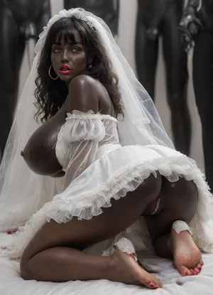The dominant lady, (clear image), photorealistic, high res, (black skin:3), full body in frame, perfect illumination, (manicure, long red nails), (extremely detailed, ultra realistic), best quality, focus on arms legs face, ultra-detailed, finely detail, (((massive HHH cup Breasts))), super shiny tits, erect nipples, long nipples, large areolas, long hair, perfect ass, shapely legs, long legs, ((makeup:1.5), long blue eyelashes, olive eye shadow with sequins), (high-quality facial treatment:1.3), large plump lips bimbo in red lipstick with a glossy wide pink outline and a slightly open mouth, (hairstyle with five pigtails straight bangs of blue with sequins:1.2), pupil eyes like a snake, (milky mucus is flowing from the pussy:1.2), white, thighhighs, hair, on, one, eye, frills, puff, sleeves, (white, bridal, dress, veil:1.5), ChristmasDecorativeStyle, <lora:Nier_Automata_2B_White_Wedding_Dress_Bride_Cosplay_Realistic_LoRA:1.3>, <lora:ChristmasPostcardStyleXL:2>