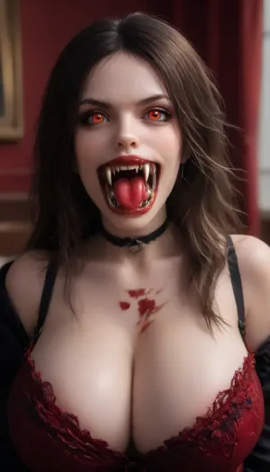 A tall athletic seductive beautiful, sultry, gorgeous, model, horny, sexy, sharp image, selectively looking into the camera, (3/4 body image), statuesque seductive busty vampire naked in a gothic castle bedroom, highly detailed beautiful hypno spiral eyes, (two long fangs:1.8), gothic lingerie, lace stockings, choker, victorian lingerie and jewellery, ((vampire fangs:1.8)), blood on her teeth, red lipstick, juicy plump red lips, (massive breasts:1.5), wide shoulders, pronounced feminine features, (angry), pale skin, very long black messy hair, ultra skin texture, pale, skin, <lora:Pale_Skin_SDXL_v1.0:1.8>, <lora:PerfectEyesXL:1.7>, <lora:Beautify-Supermodel-SDXL:.8>, bloody tongue, blood on lips, blood dripping