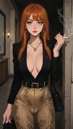 ((Melkor mancin mix markgavatino style)), incase style, masterpiece, (1woman, 8k resolution, ultra-detailed), nasty bitch Petra mature milf 50years, cheekbones, ((hand smoking cigarette)), full dressed, super waist, tall slender, hips side, handbag plasticbag, ((long bangs slickened ginger bangs)), necklace, (makeup modern blue eyeliner), (leopard pattern legins spandex, (((cameltoe)), puffy pussylips fingering)), shimmering brown iris eyes, (big black belt), plateau-heel, ultra long legs, lips cool smile, lipstick glossy, beautiful drawn fingernails, (tatoos ink body-artwork:1.2), arms teasing curves, pushup lace, (sagging breast dressed sagging cleavage:1.2), (many neon bright-colours led writings), ratatatat74, jtcstyle, SamDoesArts, <lora:LCMTurboMix_Euler_A_fix:.6>, <lora:ratatatat74-000050:1.1>, <lora:mk_Bp Anime_xl:1>, <lora:加藤彩style:1.8>, <lora:SDXLSamDoesArts:1.7>