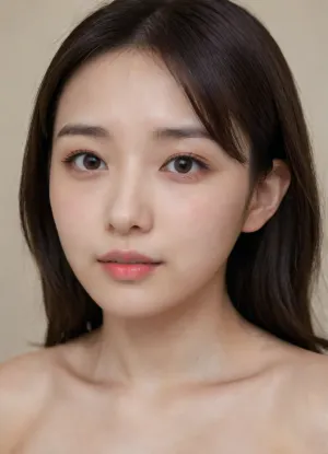 Hyperrealistic facial portrait of a clearly adult Asian woman in her late 20s, face filling the frame, fully mature facial anatomy, adult bone structure, realistic adult proportions, oval to softly heart-shaped face, smooth but mature jawline, small rounded chin, natural facial asymmetry identical to reference photo, light warm beige skin tone with yellow-neutral undertone, realistic skin texture with visible fine pores on nose and cheeks, subtle natural skin variations, faint under-eye shadows consistent with adulthood, natural skin translucency, soft indoor ambient lighting, large round almond-shaped eyes with dark irises, realistic iris texture, natural pupil size, visible sclera veins, subtle double eyelids, natural eyelashes without exaggeration, softly arched medium-thin eyebrows with natural density, small straight nose with short bridge and rounded tip, narrow symmetrical adult nostrils, thin upper lip and fuller lower lip, natural cupid’s bow, coral-red satin lipstick exactly matching reference, gentle relaxed adult smile showing small natural teeth with slight irregularity, realistic lip texture, dark brown straight hair framing the face, straight light bangs resting just above the eyebrows, visible hairs along the hairline, no beauty filter, no stylization, RAW photo quality, documentary realism, ultra high resolution, unmistakably real adult human face, yeonhwa, <lora:japanese_girl_v1.1:2>, <lora:LoRA-girls-sdxl-v4:1>