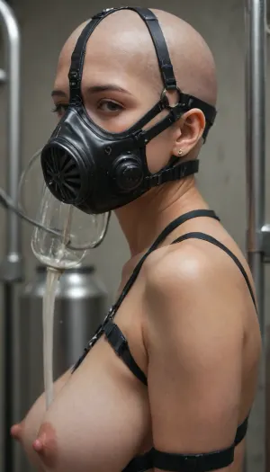 submissive milf, (bald head), alone, side view, looking at viewer, milking factory, detailed face, (head harness cover around Radially whole head), (one strap vertical between eyes from head harness to gas half mask), large mask, mask covers chin, mask covers cheek, photorealistic, ultra-detailed, naked, gigantic breasts, bound to a metal frame, restrained, arms tied behind back, legs in spreader bar, hanging on a hook, (milking machine on nipples:1.4), slave, harness, hairless, no hair