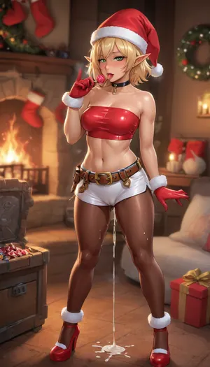 (reiq art style:1.1), (masterpiece art style:1.1), (beautiful muscular mito ikumi from shokugeki no souma:1.6), green eyes, blonde hair, short hair. tan line skinned, (gyaru skin:1.4), 1girl, solo, alone, muscular arms, sexy figure, and wide hips. muscular legs, thick thighs, round ass, muscular body, lustful face, (Christmas), (fireplace), (standing lustfully porn posing:1.4), (dripping droll licking a Christmas chocolate candy:1.3), (gear elf hat:1.5), (tight gear mini tubetop:1.5), (gear pantyhose:1.5), (gear Low Rise booty shorts:1.5), (gear gloves:1.3), (gear belt:1.5), (elf shoes:1.53), (camel toe:1.4), (sweaty dripping heavily off over body:1.3), (see heat coming off body), (cum dripping coming excessive out:1.3), cum on belly, cum on chest, cum in vagina, (cum heavily on breasts:1.4), ((cum heavily dripping coming out pussy:1.5)), (puffy swollen labia puffier), (hot pussy), (hard nipples:1.3), hardcore, perfect fingers, A masterpiece of the highest quality, the work of a real master, bouncing breasts, bouncing ass, seductive, seductive eyes, black choker, steam, sweat, full body view, <lora:hentai_anime_style_xl_v1:1.2>, <lora:SDXLHighDetail_v6-000005:2>, <lora:one breast out XL:.9>