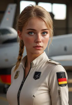 high quality textures, Photorealistic, high resolution photograph, 8k details, score_9, score_8_up, score_7_up, sharp focus, masterpiece, highest quality, ultra-detailed images, fine details, high resolution, 8k, hyperrealism, hard shadows, beautiful sexy slender 18 year old, blonde hair, Female Testpilot before her first flight, girl posing, in Front of a full armed B52 aircraft, no makeup, (freckled face:1.4), dull skin, Breathtakingly beautiful and cute face, Blue piercing eyes, ponytail, small breasts, 3/4 view, standing nearby a B52, good hands, perfect fingers, her face shows, nervousness, erect, but, determination, ready to fuck and fly, (Her full body uniform is skin-tight, and provocative:1), (the zipper on the uniform is wide open:1.6), (half-open uniform:1.6), (A patch of the German flag is on the sleeve of her uniform:1.6), <lora:Tec:1>, <lora:MJ52:.8>