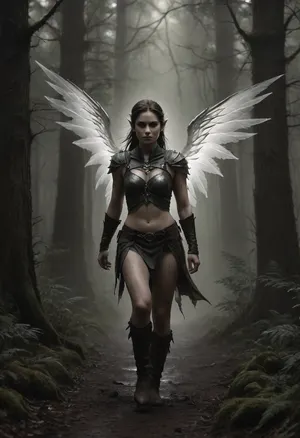 A breathtaking sexy 25-year-old female woodland runner, inspired by the character of Strider from Tolkien’s universe. She is half nude dressed in earthy tones and leather in a hot style, exuding a mystical and sexy aura as she moves gracefully through a Tolkien-inspired forest. In the distance, elven structures hint at ancient magic. The atmosphere is magical and mysterious, with dramatic lighting and soft ground fog, yet the scene remains warm and inviting. The woodland runner is not armed like a warrior, but is confident, self-assured, and incredibly beautiful, blending seamlessly into the enchanting forest environment, hvrn, heavy, rain, Black, and, white, art, black, shading, charcoal, toned, brutal, dark, b/w, color, scheme, haze, elven, architecture, face, mask, girl, scar, wings, glowing, armor, <lora:Heavy_Rain_XL-000008:1.8>, <lora:Black and white art.V1:.5>, <lora:EnvyHazeSliderXL01:1.9>, <lora:EnvyElvishArchitectureXL01:1.9>, <lora:Clariss_The_Hot_Cyber_Warrior-000009:1.8>