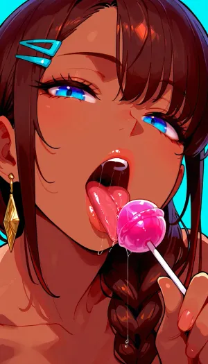 1girl, blue eyes, brown hair, hairclip, sidelocks tied back, one braid, dark-skinned, earrings, close-up, solo, tongue, food, saliva, open mouth, candy, abstract background, large lollipop, tongue out, aqua background, lips, hand up, holding, looking at viewer, licking, seductive, half-closed eyes, <lora:SDXL Detail:.8>