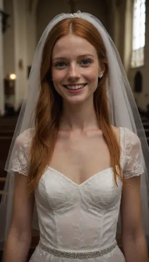 Close up, Pov, full body view, 25yo skinny ginger Swedish girl fucked in the anus by 1man. Perfect fit and slim skinny body, beautiful face, body freckles, green eyes, very long elegant long hair, small natural breasts, flat belly, thin waist, thin thighs, ginger pussy. Wedding dress with wedding veil, earrings. In a church. Big smile, adult
