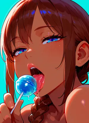 1girl, blue eyes, brown hair, sidelocks tied back, one braid, dark-skinned, close-up, solo, tongue, food, saliva, open mouth, candy, abstract background, large lollipop, tongue out, aqua background, lips, hand up, holding, looking at viewer, licking, seductive, half-closed eyes, <lora:SDXL Detail:.8>