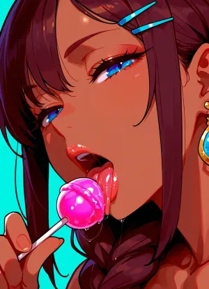 1girl, blue eyes, brown hair, hairclip, sidelocks tied back, one braid, dark-skinned, earrings, close-up, solo, tongue, food, saliva, open mouth, candy, abstract background, large lollipop, tongue out, aqua background, lips, hand up, holding, looking at viewer, licking, seductive, half-closed eyes, <lora:SDXL Detail:.8>