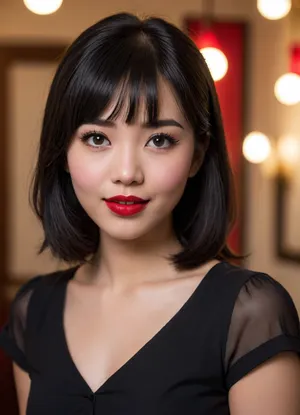 (Asian woman:1.2), (age 20-25:1.1), centered, smiling, (detailed facial features:1.3), black hair with bangs, (detailed black shirt:1.2), (bright red lipstick:1.3), warm lighting, indoor shot, looking directly at the camera, (close-up shot:1.2), (detailed skin:1.2), neutral expression, simple background, soft focus, natural skin texture, digital art, photorealistic, depth of field