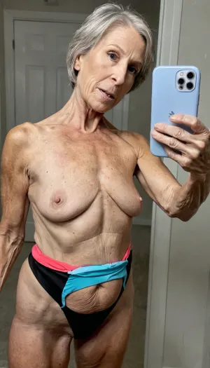 A filé body view use, (Candid cellphone mirror selfie photo), (69-year-old woman:1.8), nude, fun, naughty look, perky tits, bob cut black hair, strong jaw, angular features, (modeling pose), maximum photorealism, Petite, vivid colors, realistic detailed skin, realistic skin texture, poor lighting