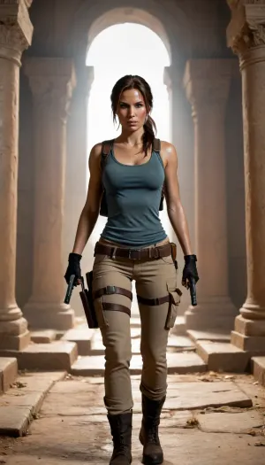 Lara Croft is inside a tomb, searching for ancient artifacts, wearing classic Lara Croft clothes, holding two pistols, and Lara is a very beautiful, brutal heroine.