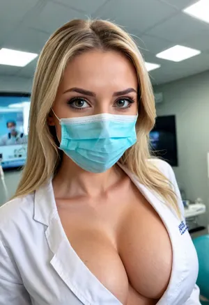 25yo, (view from below), upper body view, (breasts close-up:1.3), (focus on breasts), beautiful 25 years old girl, skinny, tiny waist, (huge tits, drooping down:1.2), large areolae, dentist, (unbuttoned dentist's medical robe, massive cleavage:1.3), blonde hairstyle, (medical cap:1.2), (medical mask:1.3), (looks over the camera), dentist's office, she is leaning towards the chair, view from the chair, bright lamp, (highly detailed face:1.3), <lora:bombshell_v2:.5>