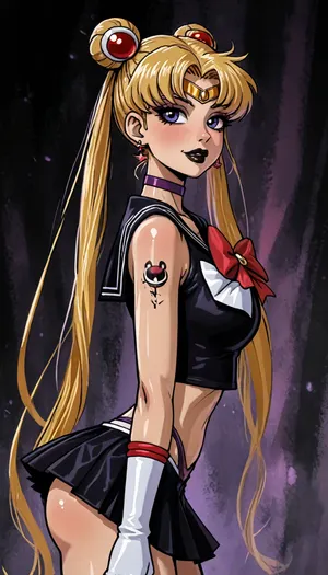 (reiq meets innv and markgavatino style:1.2), hypersaturated colors, (oblique side view, mature older woman focused on her portrait style optimized for printing on a large area), ((Sailor Moon, black lipstick sultry pose she is moving her thigh to expose panties)), front body view with short pleated skirt showing perky butt cheeks, thong lines, gloves, subtle lewd smirk, tattoo, earrings, purple choker, solo sultry foggy steamy, ((cute psychedelic abstract background night burlesque bedroom:.9)), shiny necklace, (background is Goth Moon), 8k ultra high definition, <lora:LCMTurboMix_Euler_A_fix:1.1>, <lora:EnvyBeautyXL02:1.1>, <lora:EnvyAnimeDigitalPaintingXL01:1.1>