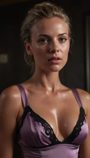 After-midnight VIP nightclub, framing, head-and-torso, brutal hyper-realism.
woman1, youthful blonde leaning in from above, spine curled forward, shoulder rolled inward, face inches from woman2, lips parted, breath visible, eyes locked downward. One hand gripping her own thigh out of frame, ((black lace bodice:1.5)), sweat-soaked and clinging to breasts, lace compressed and darkened, flushed skin, visible pores, damp shine.
woman2, 49-year-old blonde cougar sunk back, neck fully exposed, jaw slack, lips parted, chest heaving upward into frame. Bronzed skin drenched, (((heavy sweat:1.7))), sweat rivulets sliding from jawline down throat into cleavage, goosebumps on upper chest, wet hair plastered to skin. Wearing, (((lavender silk-satin bodice:1.6))), ((wet liquid satin:1.7)), heat-soaked and suctioned tight over breasts and ribs, micro-wrinkles stretched under tension, deep sweat absorption zones, clinging semi-transparency, metallic clasp skewed.
Faces dangerously close, shared breath, eye contact thick and unbroken, unbearable sexual tension. Smudged liner, mascara transfer, glossy overheated skin. Neon rim light tracing sweat and lips, harsh flash freezing moisture and satin sheen, deep shadow falloff, shallow DOF, raw erotic luxury realism, photorealistic.