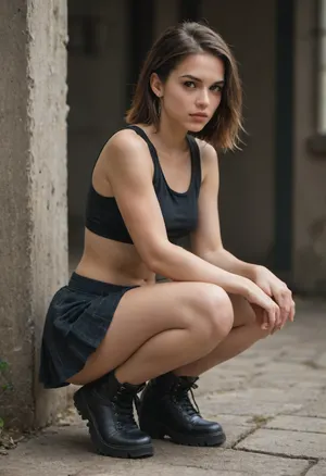 masterpiece, score_9, score_8_up, score_7_up, small adult woman, crop top, skirt, small feet, large shoes, shoe focused, black platform combat boots, squatting, deep squat, feet together, knees together, sitting on her feet, elbows on knees, subtle profile