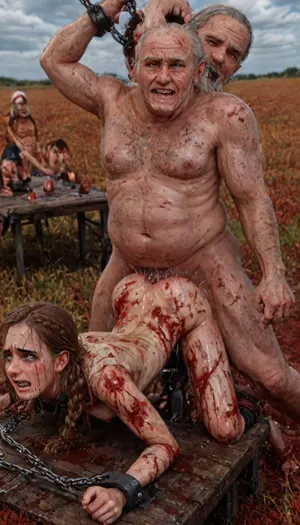 UHD, 8k wallpaper, (maximum quality:1.5), (ultra high resolution:1.7), (masterpiece:1.2), (full body view), award winning photo, (Extreme:1.5), (insanely detailed:1.9), (realism:1), (realistic:1.7), (hdr:1.4), hyper-detailed realistic body, hyper-detailed realistic face, (warm ambient light:.5), (dark shadows:1.4), (inside torture chamber), 100% exact matching 18 years old tiny english Pornstar Hermione Granger face, (((18 years old), (1.52 meters), (34 kg), (english:1.7), (ultimate realistic 18 years old tiny english Pornstar Hermione Granger face real_body:1.1), (shiny skin:1.7), (skinny:1.5), (ultimate realistic 18 years old tiny english Pornstar Hermione Granger face real_face:1.1), (brown braided hair), long straight hair, ruined black makeup, runny makeup, (big brown eyes), eyelashes)), exhausted ecstatic expression, open mouth, painful, starring into the camera, ((Hyper realistic)), (ultra HD image), 8k, super high quality, super high resolution, extremely detailed, perfect face, perfect eyes, ((gangbang_rape, doubleanal_rape, arms_behind_head, nsfw:1.24)), ((hogtied, bound with large chains, tied to a torture table:1.18)), (Torture, defiling, sadism:1.12), ((crying alot:1.16)), extremely shy, ((old man fucking her from behind:1.5)), ((view from the side)), ((brutal sex:1.3)), ((extremely rough pounding)), ((forceful)), (in a bloody field after a battle, white full moon in the sky:1.4), (man is choking her from behind:1.2), ((hogtied, bound with large chains, tied to a torture table:1.12)), ((12 giant african muscular men:1.4)), (opening wide her little mouth:1.5), (interracial sex), ((anal fuck 1.5)), ((deepthroat:1.5)), ((visible huge bulge deep down throat:1.6)), trying to fit my, (massive black cock:1.4), (whole massive cock in mouth:1.5), in her mouth, ((long brunette ponytail hair)), (huge testicles), ((hands on cock:2.4)), ((handjob:2)), ((tears:2)), anal sex expansion, large hyper muscular fat old men, (double anal sex), swollen white veiny cocks, (double anal penetration:1.4), hardcore double penetration, proper physics, big white cocks, muscular white double anal gangbang, (forceful penetrations), extremely graphic, shocked expression, beautiful hands, massive cum in ass, (eyes wide open in horror:1.72), (wide mouth spreader:1.8), (pleading expression:1.56), (terrified:1.48), (crying:1.48), (fear and panic:1.56), (pulled nipple clamps:1.4), (anal spit roast:1.12), (large massive cock in mouth:1.12), deep anal penetration, (very high view:1.12), (detail Hermione Granger:1.32), (detail Hermione Granger face:1.16), Hermione_Granger, a, woman, wearing, red, dress, sweater, coat, and, scarf, in, jeans, jacket, pink, zip, hoodie, pant, <lora:LCMTurboMix_Euler_A_fix:2>, <lora:JuggerCineXL2:2>, <lora:detailed_notrigger:2>, <lora:photorealistic_portrait_notrigger:2>, <lora:Hermione_Granger:2>