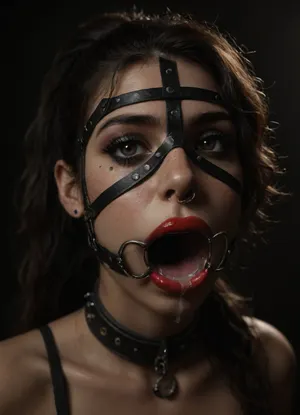 ((30 years old, Tipical italian girl, fit body, fake booobs, perfect cute face, curly very long brown hair in ponytail, brown eyes, light freckles, bimpo lips, skin pores, smooth skin, round ass, hips gap, oiled body)), ((heavy goth makeup, eyeshadow, eyeliner, mascara, red lipstick)), (slave collar), ((nose ring piercing, septum piercing:1.5)), (wearing a black thong), ((face harness gagged mouth:1.5)), ((drooling saliva from mouth, lot of saliva)), in a country apartment, ball, gag, spider, bit, ring, <lora:add-detail-xl:1.3>, <lora:detailed_notrigger:1.2>, <lora:gagged-4e:1>, <lora:dark:.8>