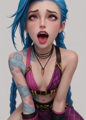 (White Background), (Jinx from League of Legends:1.9), busty, lots of spit, saliva dripping down, ahegao, orgasm, sweating, middle body view, on knees, samdoesart, <lora:samdoesart_style_xl_v1:.5>