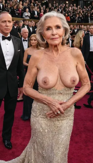 A full body view, A wide staircase leading to the entrance, under the gaze of a crowd of fans, the press and television, a 69-year-old actress being interviewed on the Oscars red carpet, a thin body with prominent collarbones and sternum, dressed in a luxurious and shimmering gown with a plunging neckline, ungainly, sagging and wrinkled breasts spilling out of the dress, hanging down, exposed breasts, completely exposed breasts, hard, dark and erect nipples, pointing out under the dress, the dirty breasts of a 69-year-old grandmother
