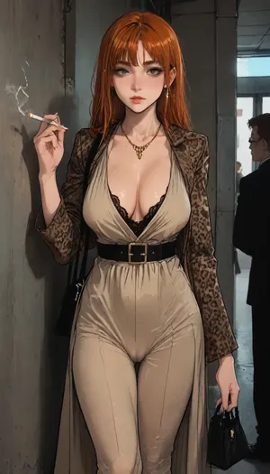 ((Melkor mancin mix markgavatino style)), incase style, masterpiece, (1woman, 8k resolution, ultra-detailed), nasty bitch Petra mature milf 50years, cheekbones, ((hand smoking cigarette)), full dressed, super waist, tall slender, hips side, handbag plasticbag, ((long bangs slickened ginger bangs)), necklace, (makeup modern blue eyeliner), (leopard pattern legins spandex, (((cameltoe)), puffy pussylips fingering)), shimmering brown iris eyes, (big black belt), plateau-heel, ultra long legs, lips cool smile, lipstick glossy, beautiful drawn fingernails, (tatoos ink body-artwork:1.2), arms teasing curves, pushup lace, (sagging breast dressed sagging cleavage:1.2), (many neon bright-colours led writings), ratatatat74, jtcstyle, SamDoesArts, <lora:LCMTurboMix_Euler_A_fix:.6>, <lora:ratatatat74-000050:1.1>, <lora:mk_Bp Anime_xl:1>, <lora:加藤彩style:1.8>, <lora:SDXLSamDoesArts:1.7>