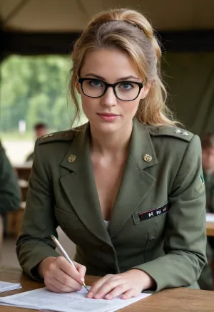 a young sexy german female soldier, she looks straight but sexy, light smile, glasses, sitting at a table in a military headquarters tent, reading a roadmap, she wears a green military trouser suit for women unbuttoned to show her naked breats, strawberry blonde long hair in an up-do, beautiful green eyes, Beautiful detailed face, (perfect eyes:1.1), (perfect skin:1.1), (perfect body:1.1), (perfect hands:1.1), (perfect finger:1.1), (perfect fingernails:1.1), Photorealistic, RAW, analog, best quality, 8k, HD, DSLR, Fujifilm XT3, film grain, award winning