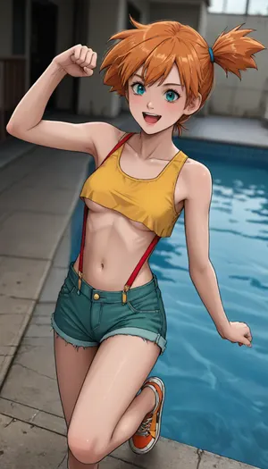 ((markgavatino style)), top view, swimming pool, petite Girl 18 midget, Misty from Pokémon, always show face in view, very skinny legs, extremely skinny waist, firm medium breasts, oiled skin, Yellow Sleeveless Top, Red Suspenders, Green Denim Hotpants, Orange Sneakers, detailxl, tiny waist, tiny little small body, always show face and body in view, misty_\, (pokemon\), side_ponytail, navel, bare_shoulders, flat, chested, underboob, face always in view, happy, cheering, jumping with fist in the air, <lora:detailed_notrigger:.5>, <lora:misty_(pokemon):.7>, <lora:flat_chested_v3.5:.7>