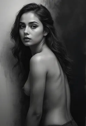 A half-naked 19-year-old girl is accidentally turned into an actress in an everyday situation, showcasing her small, firm buttocks, ultra-sharp details, realistic skin texture, refined contrast, 8k detail, authentic facial expression, clean composition, (maximum photo quality:1.4), (maximum resolution:1.5), Black, and, white, art, black, pencil, shading, charcoal, drawing, toned, paper, brutal, dark, b/w, color, scheme, highly detailed various background, <lora:Black and white art.V1:.5>, <lora:Underwater_movie_lora-000009:.8>, <lora:sea_monster_lora-000003:.8>