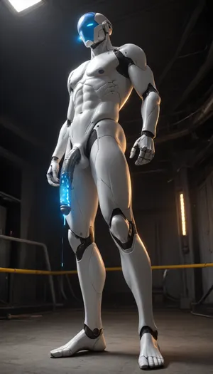 a male robot, robot, not human, dark gray plastic skin, with a big penis, curved down, flaccid, dripping blue luminous electric cum, standing, with legs spread wide open, side view, seen from below, full body image. robot is huge, imposing, strong, industrial strength, 10 feet tall. aggressive and provocative look. In a futuristic space ship.