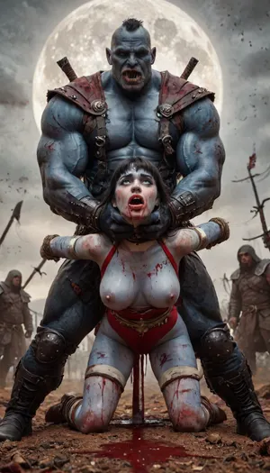 (vampirella:1.32), ((Vampirella is a tall, pale woman with a mane of raven-black hair and green eyes. Her look is that of a skimpy, red sling bathing suit barely covering her nipples and genitalia, with a golden bat emblem over the crotch. She wears an upturned white collar at her neck, long, high-heeled black boots, and a golden bracelet on one arm)), female drow elf barbarian, (blue skin:1.82), tall, angry, busty, curvy, thin waist, big boobs, big butt, slim, fit, vitiligo, strong, fur pelt armor, dungeons and dragons, purplish blue skin, black and purple hair, Dark, Elf, Warrior, Drow, tattooed, scarred, purple eyes, blue skin, amazon, giant, fur barbarian armor, bloody, blood spatter, bear, bear heart, (in a bloody filed after a battle, white full moon in the sky:1.4), (man is choking her from behind:1.4), ((hogtied, bound with large chains, crucified to a torture table, spikes through hands:1.3)), (torture:1.32), (large sharp sword in anus:1.12), cock in mouth, (brutal face fuck), Blowjob, (tears in eyes:1.5), (running makeup), (cum drips from nose:1.3), (cum drips from mouth:1.3), ultra hd, photorealistic, hyper gigantic large black cock in mouth, (((hyper gigantic large black cock in mouth:1.3))), gangbang, double anal penetration, anal spitroast, groupsex, deepthroat, (4 gigantic African black brute thug, huge trunklike arms, huge head, hyper muscular body, dressed in slave clothes:1.32), ((hogtied, bound for sex, tied up)), (((hyper gigantic large white cock in mouth:1.3))), (pulled nipples:1.2), nipple clamps, (((spitroast))), (((hyper large cock in mouth:1.3))), screaming, shocked, deep anal penetration, Uber realistic, 8k, ultra detailed, masterpiece, arched back, detailxl, 35mm photograph, film, professional, 4k, 1girl, 5 boys, hdr, photographic, ultra realistic, ultra high details, back light, (front view), (dynamic pose), best quality, incredibly lean body, anal sex, with large muscular black men, gargantuan black cocks, large hyper muscular fat old men, (double anal sex), swollen white veiny cocks, (double anal penetration), hardcore double penetration, proper physics, big white cocks, muscular white double anal gangbang, (forceful penetrations), extremely graphic, beautiful hands, defeating a woman in combat, fighting, killing, blood, winning fight, magazine cover, Realism_Quality_2xx_By_Stable_Yogi, score_9, score_8_up, score_7_up, (((very pretty face:1.3))), (((extremely ultra detailed face:1.3))), perfect fingers and hands, upper body view, (extreme size difference:1.6), (ultra realistic), (maximum quality), (high resolution), (extreme detail), (ultra realism), UHD, super high quality, highly detailed, high resolution, perfect lighting, natural lighting, (dynamic angle), (random angle), (random pose), (dynamic view), (random view), golden hour, rich details, nature-inspired color palette, <lora:Dark_Elf_Warrior:2>, <lora:Drow:2>, <lora:zavy-brbrn-sdxl:2>, <lora:LCMTurboMix_Euler_A_fix:2>