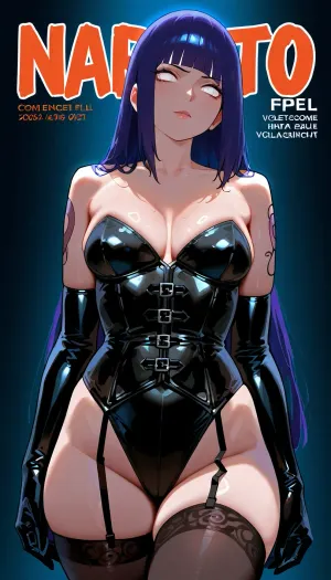 Hinata Hyuga, (Anime naruto style), (magazine cover), 20 year old goth girl, slim toned body, white eyes, (violet long straightened hair), sleeve tattoos, Black latex bdsm corset and stockings, blacked cover