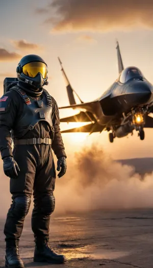 First-flight test pilot, with an intense and rugged expression, behind him an SR-71 Blackbird at a spectacular sunrise with mist and golden rays bathing the scene. High-tech helmet with integrated oxygen mask, anti-G exo-suit with harness included, integrated gloves and boots, full-body front-side shot. Cinematic environment with bright reflections and hyper-realistic 8k resolution.