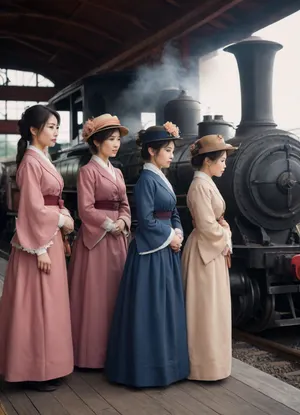 japan in 1817, a steam locomotive pulls into the station. A group of women stand on the platform, dressed in elegant nineteenth-century clothing, chatting among themselves.