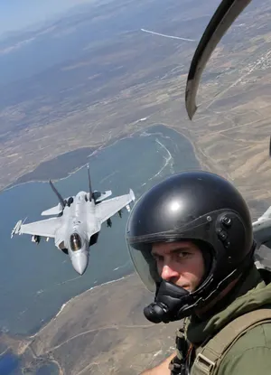 Generar una imagen hiperrealista de un piloto de la Fuerza Aérea de élite, equipado con el traje de vuelo más avanzado y completo, incluyendo un casco con visor de protección y sistema de comunicación integrado, máscara de oxígeno con tanque de oxígeno portátil, guantes de vuelo especializados con protección para las muñecas y palmas, y botas de vuelo resistentes al desgaste con suelas de tracción mejorada. El traje debe incluir el emblema de la Fuerza Aérea en el pecho y el nombre del piloto en la parte posterior del casco. El piloto debe estar de pie frente a un avión de combate de última generación, como el Lockheed Martin F-35 Lightning II o el Northrop Grumman B-21 Raider, con el panel de control del avión visible y los instrumentos de vuelo iluminados, incluyendo el sistema de navegación, el sistema de armamento y el sistema de defensa avanzado. El fondo de la imagen debe reflejar un entorno de base aérea moderna y tecnológicamente avanzada, con hangares de mantenimiento, torres de control de tráfico aéreo y equipos de mantenimiento en acción, incluyendo vehículos de servicio y personal de la Fuerza Aérea en uniforme. La imagen debe transmitir un sentido de profesionalismo, habilidad y concentración, y debe incluir detalles como los sistemas de armamento y defensa avanzados del avión, los tanques de combustible auxiliares y los sistemas de propulsión. El estilo de la imagen debe ser fotorealista, con texturas y reflexos realistas, y debe tener una resolución lo suficientemente alta como para permitir una impresión de alta calidad. La imagen debe ser lo suficientemente detallada como para permitir al espectador apreciar la complejidad y la sofisticación del equipo y la tecnología involucrados en la operación de un avión de combate de última generación. Incluya detalles como el radar de punta, el sistema de alerta de colisión y el sistema de comunicación por satélite. El traje del piloto debe incluir un cinturón de seguridad, un sistema de enfriamiento y un sistema de oxígeno de respaldo. La imagen debe ser generada con una relación de aspecto de y una resolución mínima de 4000 píxeles de ancho. El piloto debe estar mirando hacia el avión, con una expresión de concentración y determinación. La imagen debe incluir una sensación de movimiento y energía, como si el piloto estuviera a punto de subir al avión y despegar. Incluya detalles como el viento soplando suavemente a través del cabello del piloto y la bandera de la Fuerza Aérea ondeando en el fondo. La imagen debe ser lo suficientemente realista como para permitir al egaspectador sentirse como si estuviera allí, en la base aérea, presenciando el despegue del avión de combate.