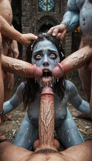 A frame from the 80s movie, wide sinister smile, evil smile, beautiful nude triplet sisters Frankenstein girl bound at the cemetery, hardcore, stocky bodyshape, wide hips, (girl has very pale green-blue skin:1.44), (Stitched body parts:1.24), stitches on limbs, (very high black hair with white colored curls hairstyle:1.2), (huge fake boobs with large nipples:1.3), torn dress, huge swollen labia, huge swollen puckered anus, wet holes, stretched holes, love juices, bound, chained, raped by zombies, anal penetration, fucked at the cemetery, tortured, crosses, church, (Zombie Apocalypse:1), night of the living dead, Cinematic colored lighting, heavy lightnings, red neon light, storm, 80s horror movie style, (retrowave:1.12), carry fuck, anal sex, analrape by rotten zombies, size difference, (big rotten zombies cock:1.4), large rotten zombies male, tattoos, gold watch, cameras, filming, incredibly lean body, woman having anal sex, with large muscular rotten zombies, gargantuan rotten zombies cocks, anal sex expansion, ravenous hyper sex, large hyper muscular rotten zombies, (enlarged gaping rectum), (((hyper large cock in mouth:1.3))), rotten zombies gangbang, (rotten zombies rapesex), swollen rotten zombies veiny cocks, (double anal penetration), hardcore double penetration, side view, (huge dick:1.12), (creamy deep deepthroat:1.12), (extreme oral sex:1.4), (huge massive white dick:1.4), (cum), (hands yanking hair hard, tufts of hair flying loose), (brutal face fuck), Blowjob, (tears in eyes:1.5), (running makeup), cum drips from nose, cum drips from mouth, the, (hyper massive cock:1.2), of the beast is to big for her little mouth, impossile fit in mouth, looking up, (trying to fit in her mouth the massive cock:1.48), (Tears:1.185), (bukkake:1.68), (handjob:1.14), (very below view:1.25), cum in mouth, cum on forehead, cum on cheeks, porn photoshoot, (huge dick), (hands holding hair), (huge dick:1.4), (bukakke), (cum in face, cum on body), (covered in cum), 10 rotten zombies massive veiny cocks cumming, receiving a non-consensual deep deepthroat and bukkake blowbang, her cheeks are tear-stained, crying, running makeup, sweaty skin, 1.3, (excessive cum), 1.48, (cum on face), (cum on body), (Cum in hair), 1.24photorealistic cum, thin runny cum, thick chunky cum bukkake, unwanted bukkake, 4boys, 5boys, 6+boys, multiple rotten zombies men, Transparent Liquid, gangbang, orgy, penis, cum, cumbath, rottenzombies_dicks_everywhere, drooling, beautiful hands, naked, massive cum in ass, hyperrealistic, BadX, Stable-Yogis-Makeup-Enhancer-XL, spectacular lighting, (eyes wide open in horror:1.158), (wide mouth spreader:1.18), (pleading expression:1.54), (terrified:1.58), (crying:1.58), (fear and panic:1.58), UHD 8K, (full body photograph:1.1), uhd, film-like grain, best quality, sharp focus, ZipRealism, evil, villain, <lora:evil_villain:2>, <lora:detailed_notrigger:2>, <lora:CinematicStyle_v1:2>, <lora:zavy-brbrn-sdxl:2>, <lora:LCMTurboMix_Euler_A_fix:2>