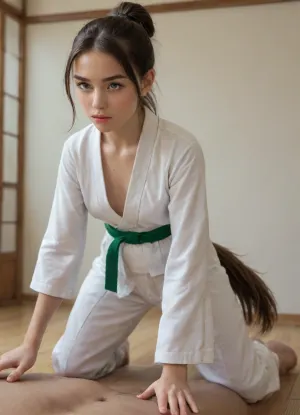 Tall 25yo woman with a wide face and long brown hair in pony tail wearing karate clothes with greenbelt and showing her small tits in doggy style and receives a creampie from a 40 year old man from the front in white karate clothes with blackbelt, in a karate dojo, flat, chested, <lora:flat_chested_v3.5:.1>