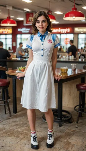 8k, score_9, score_8_up, score_7_up, FILM PHOTOGRAPHY STYLE, cinematic photography of a woman, professional portrait photo realism, light fair skin, full body, body, light fair skin, soft pale white skin, body, sucked in stomach, soft pale skin, freckles, (seductive face:1.3), vbnm, vbnm5, extra detail in face, extra detail in eyes, blushing, brunette, brown eyes, freckles, minute waist, long hourglass figure, body, hair clips, minute waist, snatched waist, woman working at diner, wearing waitress uniform, standing near table, looking down at viewer, dress pulled up to waist to completely reveal vagina, wendy's outfit, full body view, <lora:detailed_notrigger:2>, <lora:add-detail-xl:.8>, <lora:LCMTurboMix_Euler_A_fix:.8>, <lora:style_lora_realis:.8>