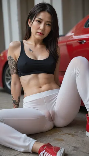 professional photo shoot in modeling style, 45 years old, (MILF:1.5), (asian:1.9), in a black tank top, (white pants), (cameltoe:1.7), (pee dripping:1.3), red sneakers, (tattoo on her arms:1.7), Chinese, (tattoo on her right eye:1.5), realistic, sharp focus, high resolution 8k, insanely detailed, intricate, elegant, summer day, (sitting a red Ferrari:1.6), (small perky breasts:1.7), and very beautiful, very long black hair