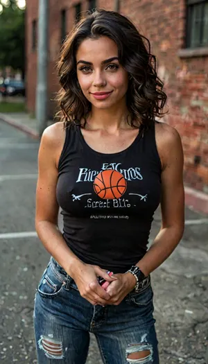 ASSIGNMENT, Create an award-winning image of a stunning Hispanic coed standing in an urban outdoor basketball court. BREAK

CLOTHING, a sleeveless black shirt, black_pants, black_denim_pants, ripped_pants, high tops, bangles jewelry. BREAK

BODY, gorgeous, busty, athletic, slender, Latina, Hispanic, dark skin, 22 years old, sexy, medium_breasts, C_cup, natural_breasts, hanging_breasts, detailed natural breasts, wide nipples, perfect_ass, detailed realistic skin with pores and hair follicles, perfect hands, handslora. BREAK

FACE, narrow, dark complexion, angular_features, striking_eyebrows, long_eyelashes, heavy_makeup, mascara, eyeliner, bold blue eye_shadow, brown_eyes, big_eyes, expressive_eyes, looking_at_viewer, detailed_face, perfect_teeth, smile, lipstick, full lips, moist_lips. BREAK

HAIR, gorgeous jet_black_hair, (hair in tight ringlets), dark dark hair, hair cupping face, bangs, detailed hair, BREAK

LOCATION, outdoors, urban outdoor basketball court, basketball goal visible, chain link fence, worn asphalt, faded basketball court paint, graffiti, brick wall with lots of colorful graffiti, interesting_background, perfect lighting, perfect shadows, BREAK

POSE, standing, view from thighs up, interesting angle. BREAK

AESTHETIC, score_9, score_8_up, score_7_up, solo, realistic, 8K, hyper realistic, safe for work, sexy as hell, BREAK

TEMPLATES, but, braless, Wearing, clothes, that, make, sense, with, Braless>, <lora:add-detail-xl:2>, <lora:style_lora_realis:2>, <lora:BUT_SDXL_SHS:.3>, <lora:bralessSDXL_v1_00022:.8>