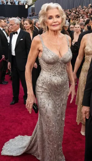 A full body view, A wide staircase leading to the entrance, under the gaze of a crowd of fans, the press and television, a 60-year-old actress being interviewed on the Oscars red carpet, a thin body with prominent collarbones and sternum, dressed in a luxurious and shimmering gown with a plunging neckline, ungainly, sagging and wrinkled breasts spilling out of the dress, hanging down, exposed breasts, completely exposed breasts, hard, dark and erect nipples, pointing out under the dress, the dirty breasts of a 60-year-old grandmother