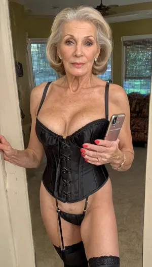 (((a full body view))), With 4 m of setback, looking at the viewer, (Candid cellphone mirror selfie photo), (69-year-old woman:1.8), masturbating, nude, ((corset, view breasts, view shaved vagina)), fun, naughty look, perky tits, bob cut black hair, strong jaw, angular features, (modeling pose), maximum photorealism, Petite, vivid colors, realistic detailed skin, realistic skin texture, poor lighting