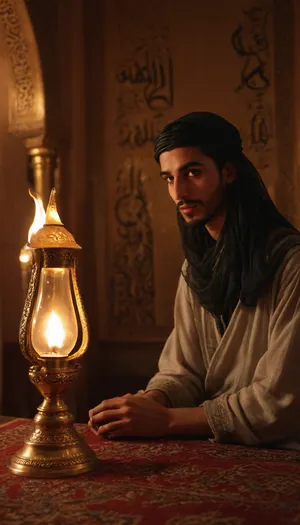 (arab prince prisoner in magical golden oil lamp in foreground), in background Scheherazade sensual princess from tales from the Arabian Nights watching it, arabian nights ambiance, arabic, calligraphy, dark, skin, <lora:arab_architecture_by_styx:1.5>, <lora:arabic_calligraphy:1.5>, <lora:Darker_skin_SDXL:.8>, <lora:Omani_male:.8>