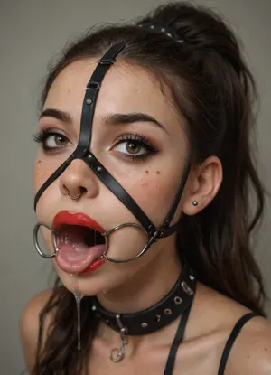 ((30 years old, Tipical italian girl, fit body, fake booobs, perfect cute face, curly very long brown hair in ponytail, brown eyes, light freckles, bimpo lips, skin pores, smooth skin, round ass, hips gap, oiled body)), ((heavy goth makeup, eyeshadow, eyeliner, mascara, red lipstick)), (slave collar), ((nose ring piercing, septum piercing:1.5)), (wearing a black thong), ((face harness gagged mouth:1.5)), ((drooling saliva from mouth, lot of saliva)), in a country apartment, chiaroscuro, style, dim, light, <lora:add-detail-xl:1.3>, <lora:polyhedron_chiaroscuro-000005:.8>, <lora:detailed_notrigger:1.2>, ball, gag, spider, bit, ring, <lora:gagged-4e:.8>