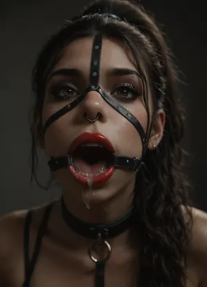 ((30 years old, Tipical italian girl, fit body, fake booobs, perfect cute face, curly very long brown hair in ponytail, brown eyes, light freckles, bimpo lips, skin pores, smooth skin, round ass, hips gap, oiled body)), ((heavy goth makeup, eyeshadow, eyeliner, mascara, red lipstick)), (slave collar), ((nose ring piercing, septum piercing:1.5)), (wearing a black thong), ((face harness gagged mouth:1.5)), ((drooling saliva from mouth, lot of saliva)), in a country apartment, ball, gag, spider, bit, ring, <lora:add-detail-xl:1.3>, <lora:detailed_notrigger:1.2>, <lora:gagged-4e:1.4>, <lora:dark:.8>