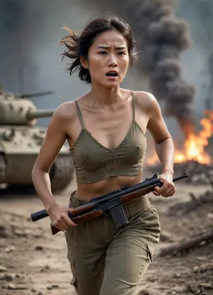 First World War, Frond, tanks, bombed-out landscape. A mature asia woman in torn clothing, half-naked, her face dirty, running, rifle in her hands.