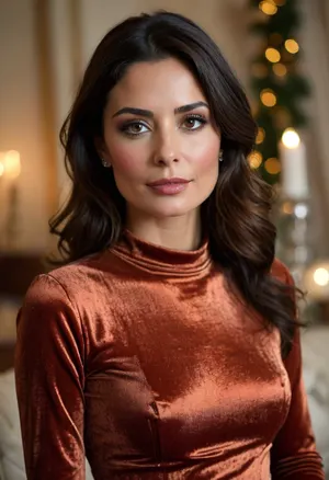 (masterpiece, best quality:1.2), 1 spanish 35yo woman, (she wears a copper shimmering velvet high neck long sleeves gown:1.4), long raven black hair, brown eyes, skirt lift shows trimmed juicy pussy, opulent natural tits, she is in a christmas-decorated living room, jewelry, necklace with diadem, photorealism, <lora:style_lora_realis:.5>