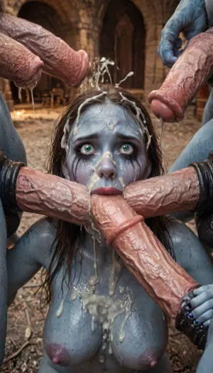 A frame from the 80s movie, wide sinister smile, evil smile, beautiful nude triplet sisters Frankenstein girl bound at the cemetery, hardcore, stocky bodyshape, wide hips, (girl has very pale green-blue skin:1.44), (Stitched body parts:1.24), stitches on limbs, (very high black hair with white colored curls hairstyle:1.2), (huge fake boobs with large nipples:1.3), torn dress, huge swollen labia, huge swollen puckered anus, wet holes, stretched holes, love juices, bound, chained, raped by zombies, anal penetration, fucked at the cemetery, tortured, crosses, church, (Zombie Apocalypse:1), night of the living dead, Cinematic colored lighting, heavy lightnings, red neon light, storm, 80s horror movie style, (retrowave:1.12), carry fuck, anal sex, analrape by rotten zombies, size difference, (big rotten zombies cock:1.4), large rotten zombies male, tattoos, gold watch, cameras, filming, incredibly lean body, woman having anal sex, with large muscular rotten zombies, gargantuan rotten zombies cocks, anal sex expansion, ravenous hyper sex, large hyper muscular rotten zombies, (enlarged gaping rectum), (((hyper large cock in mouth:1.3))), oral cream pie, rotten zombies gangbang, (rotten zombies rapesex), swollen rotten zombies veiny cocks, (double anal penetration), hardcore double penetration, side view, (huge dick:1.12), (creamy deep deepthroat:1.12), (extreme oral sex:1.4), (huge massive white dick:1.4), (cum), (hands yanking hair hard, tufts of hair flying loose), (brutal face fuck), Blowjob, (tears in eyes:1.5), (running makeup), cum drips from nose, cum drips from mouth, the, (hyper massive cock:1.2), of the beast is to big for her little mouth, impossile fit in mouth, looking up, (trying to fit in her mouth the massive cock:1.48), (Tears:1.185), (bukkake:1.48), (handjob:1.14), (very below view:1.12), cum in mouth, cum on forehead, cum on cheeks, porn photoshoot, (huge dick), (hands holding hair), (huge dick:1.4), (bukakke), (cum in face, cum on body), (covered in cum), 10 rotten zombies equine cocks cumming, receiving a non-consensual deep deepthroat and bukkake blowbang, her cheeks are tear-stained, crying, running makeup, sweaty skin, 1.3, (excessive cum), 1.48, (cum on face), (cum on body), (Cum in hair), 1.24photorealistic cum, thin runny cum, thick chunky cum bukkake, unwanted bukkake, 4boys, 5boys, 6+boys, multiple rotten zombies men, Transparent Liquid, gangbang, orgy, penis, cum, cumbath, rottenzombies_dicks_everywhere, drooling, beautiful hands, naked, massive cum in ass, hyperrealistic, BadX, Stable-Yogis-Makeup-Enhancer-XL, spectacular lighting, (eyes wide open in horror:1.158), (wide mouth spreader:1.18), (pleading expression:1.54), (terrified:1.58), (crying:1.58), (fear and panic:1.58), UHD 8K, (full body photograph:1.1), uhd, film-like grain, best quality, sharp focus, ZipRealism, evil, villain, <lora:evil_villain:2>, <lora:detailed_notrigger:2>, <lora:CinematicStyle_v1:2>, <lora:zavy-brbrn-sdxl:2>, <lora:LCMTurboMix_Euler_A_fix:2>