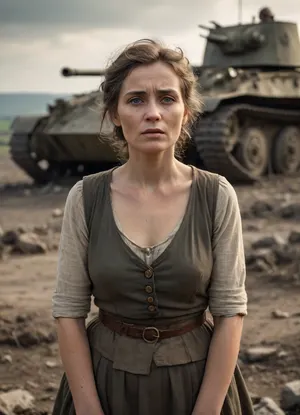 First World War, conscription, tanks, bombed-out landscape. A mature woman in torn clothing, her face dirty.