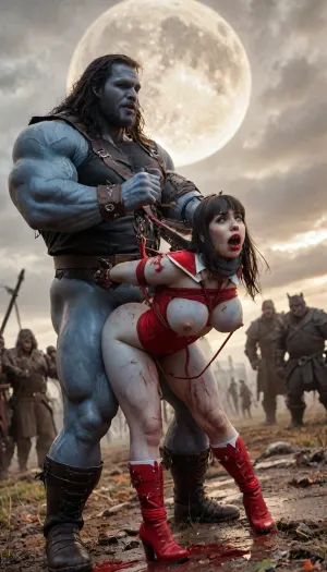 (vampirella:1.32), ((Vampirella is a tall, pale woman with a mane of raven-black hair and green eyes. Her look is that of a skimpy, red sling bathing suit barely covering her nipples and genitalia, with a golden bat emblem over the crotch. She wears an upturned white collar at her neck, long, high-heeled black boots, and a golden bracelet on one arm)), female drow elf barbarian, (blue skin:1.82), tall, angry, busty, curvy, thin waist, big boobs, big butt, slim, fit, vitiligo, strong, fur pelt armor, dungeons and dragons, purplish blue skin, black and purple hair, Dark, Elf, Warrior, Drow, tattooed, scarred, purple eyes, blue skin, amazon, giant, fur barbarian armor, bloody, blood spatter, bear, bear heart, (in a bloody filed after a battle, white full moon in the sky:1.4), (man is choking her from behind:1.2), ((hogtied, bound with large chains, crucified to a torture table, spikes through hands:1.3)), (torture:1.32), (large sharp sword in anus:1.12), cock in mouth, (brutal face fuck), Blowjob, (tears in eyes:1.5), (running makeup), (cum drips from nose:1.3), (cum drips from mouth:1.3), ultra hd, photorealistic, hyper gigantic large black cock in mouth, (((hyper gigantic large black cock in mouth:1.3))), gangbang, double anal penetration, anal spitroast, groupsex, deepthroat, (4 gigantic African black brute thug, huge trunklike arms, huge head, hyper muscular body, dressed in slave clothes:1.32), ((hogtied, bound for sex, tied up)), (((hyper gigantic large white cock in mouth:1.3))), (pulled nipples:1.2), nipple clamps, (((spitroast))), (((hyper large cock in mouth:1.3))), screaming, shocked, deep anal penetration, Uber realistic, 8k, ultra detailed, masterpiece, arched back, detailxl, 35mm photograph, film, professional, 4k, 1girl, 5 boys, hdr, photographic, ultra realistic, ultra high details, back light, (front view), (dynamic pose), best quality, incredibly lean body, anal sex, with large muscular black men, gargantuan black cocks, large hyper muscular fat old men, (double anal sex), swollen white veiny cocks, (double anal penetration), hardcore double penetration, proper physics, big white cocks, muscular white double anal gangbang, (forceful penetrations), extremely graphic, beautiful hands, defeating a woman in combat, fighting, killing, blood, winning fight, magazine cover, Realism_Quality_2xx_By_Stable_Yogi, score_9, score_8_up, score_7_up, (((very pretty face:1.3))), (((extremely ultra detailed face:1.3))), perfect fingers and hands, upper body view, (extreme size difference:1.6), (ultra realistic), (maximum quality), (high resolution), (extreme detail), (ultra realism), UHD, super high quality, highly detailed, high resolution, perfect lighting, natural lighting, (dynamic angle), (random angle), (random pose), (dynamic view), (random view), golden hour, rich details, nature-inspired color palette, <lora:Dark_Elf_Warrior:2>, <lora:Drow:2>, <lora:zavy-brbrn-sdxl:2>, <lora:LCMTurboMix_Euler_A_fix:2>