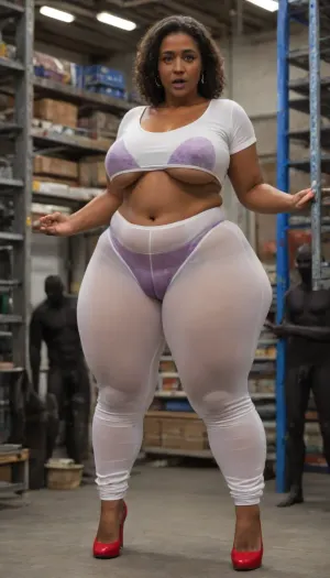 POV Big Cock, ((Mature MILF:1.4)), ((Realistic)), (8k Realistic), 8k High Quality, (Incredibly Detailed), Intricate Masterpiece, (Highly Detailed Skin), (Best Quality RAW Footage), (Highly Detailed RAW Color Footage), 8k UHD High Resolution, (Complex Lighting), realistic, awardwinning, 128K UHD, pi, fBm, sharp focus, (), (1 African American Woman Stands Out Among Men In Warehouse:1.4), Slut, (Realistic Face), (Ultimate Realism), High Detail, Elegant, (25 Year Old White Man:1.4), Beautiful And Sexy Dark-Skinned African American Woman, (Black Skin), (((55 Year Old))), ((Black Skin:1.5)), (ultra black skin girl:1.9), Full Lips, Big Lips, Dark Purple Lips, (((Dark Purple Lips))), Perfect Curvy Body, (Mature Woman:1.8), (Grandma:1.1), Beautiful And Sexy, (Dark-Skinned Woman, (Dark skin:1.5)), ((Long curly black hair)), (BBW:1.8), Fat, Chubby Body, Thick, curvy, big hips, (big hips:1.2), very wide hips, saggy and full C-cup breasts, (flat stomach), thin waist, ((big and thick thighs)), ((saggy and full C-cup breasts:.8)), ((big butt:1.5)), (bulging cameltoe:1.3), detailed face, extremely transparent cloths, Wearing extremely transparent cloths, extremely see through white shirt revealing a purple bra, Wearing extremely see through white Seamless pants trousers revealing a Light Purple big satin full coverage high waist full brief panties, (pantylines), (Stand up straight, legs slightly apart), pantylines, epicpanty, hyperass, ass, (Pantylines:1.4), Wear red high heels, ((looking at the audience)), looking at the audience, (eyes open:2), (disoriented:1.3), (Caught cheating:1.3), (looking surprised:1.5), (looking at the viewer:1.5), excited, aroused, tack sharp, 4k, woman, looking at the camera, warehouse background with shelves, ((view from front)), (full body view:1.5), <lora:melanin-XL:2>